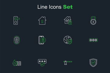 Set line Shield with check mark, Parking car barrier, Password protection, Firewall, security wall, world globe, Mobile closed padlock and Fingerprint icon. Vector