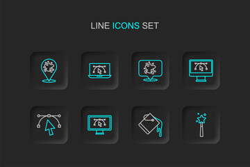 Fototapeta premium Set line Magic wand, Paint bucket, Computer with design program, Bezier curve, spray, and icon. Vector