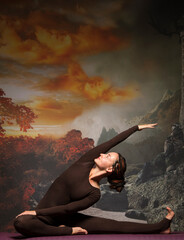 woman meditating doing yoga exercises on the background of a colored landscape