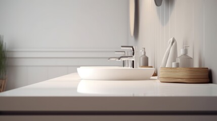 Fototapeta na wymiar Stylish two sinks on a white countertop in a modern bathroom in a minimalist interior