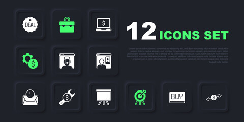 Set Buy button, Money exchange, Telephone 24 hours support, Target financial goal, Gear with dollar symbol, Repair price, Briefcase and Chalkboard icon. Vector