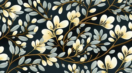  a black and white floral pattern with gold leaves on a black background.  generative ai