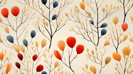  a pattern of red, orange, and blue leaves on a white background.  generative ai