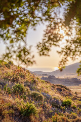 Romantic sunset view to Aegean Sea Lemnos or Limnos Island Greece, summer travel destination, wallpaper design