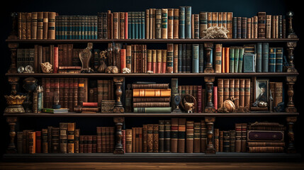 A bookshelf filled to the brim with books of various sizes and genres.   - obrazy, fototapety, plakaty