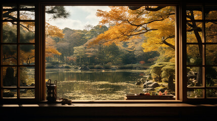 A classroom window overlooking autumn leaves and a serene pond.  