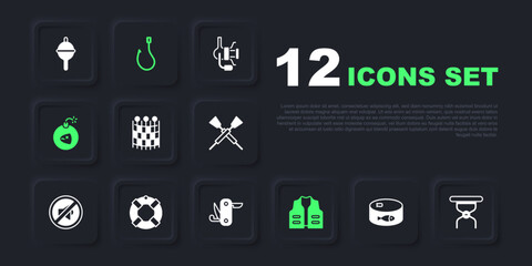 Set Canned fish, Camping folding chair, Fishing net pattern, jacket, Bomb, Lifebuoy, hook and Swiss army knife icon. Vector