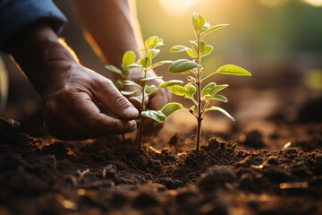 Close up of human hands planting tree seedling in fertile soil with sunlight