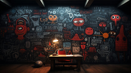 A school blackboard covered in welcome messages and artistic doodles.  