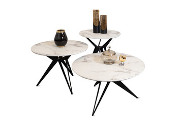 Set of 3 round modular coffee tables with iron legs on white background. Isolated