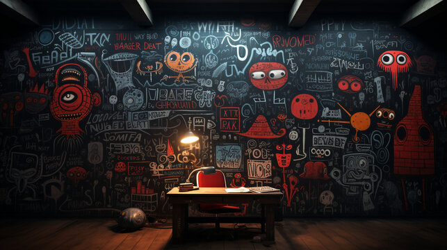 A school blackboard covered in welcome messages and artistic doodles.  