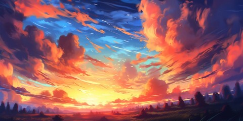 A beautiful anime landscape with a wonderful sky full of clouds, sunset scene, generative ai technology - obrazy, fototapety, plakaty