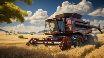 Obraz premium Combine harvester working on a wheat field. 3D rendering
