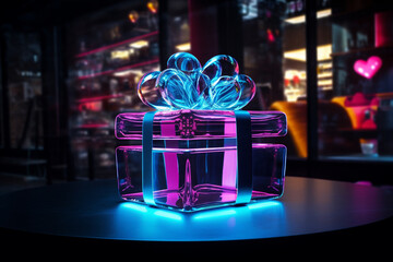 gift photographed in neon lights - obrazy, fototapety, plakaty
