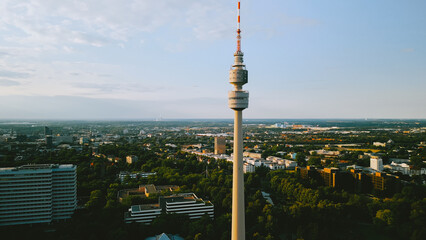Aerial view cityscape Florianturm or Florian Tower telecommunications tower and Westfalenpark in...