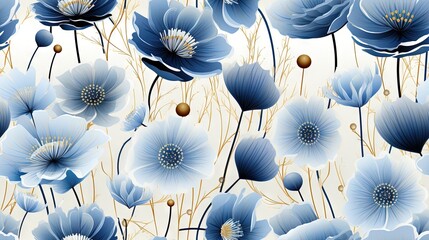  a blue flower pattern on a white background with blue flowers.  generative ai