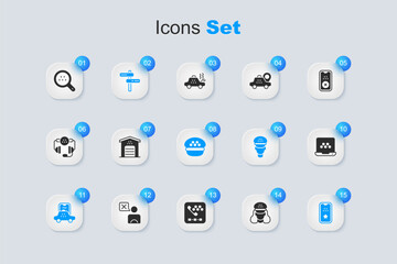Set Taxi driver, Garage for taxi car, Road traffic sign, mobile app, Search and cap icon. Vector