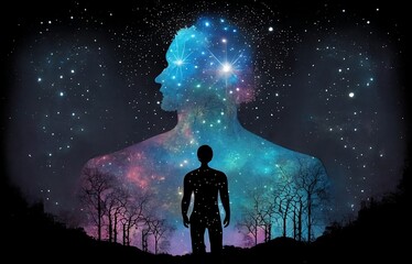 Obraz premium Silhouette of man connected with the universe cosmic background. Meditation and spiritual life yoga Relaxing Concept - Generative AI