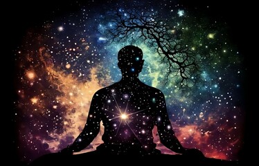 Fototapeta na wymiar Silhouette of man connected with the universe cosmic background. Meditation and spiritual life yoga Relaxing Concept - Generative AI