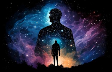 Silhouette of man connected with the universe cosmic background. Meditation and spiritual life yoga Relaxing Concept - Generative AI - obrazy, fototapety, plakaty