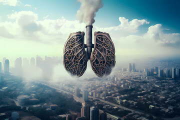 Unhealthy smoker lungs breathing smoke and pollution from an urban city ,respiration problem and Air pollution diseases ,environmental pollution crisis concept - GENERATIVE AI - obrazy, fototapety, plakaty