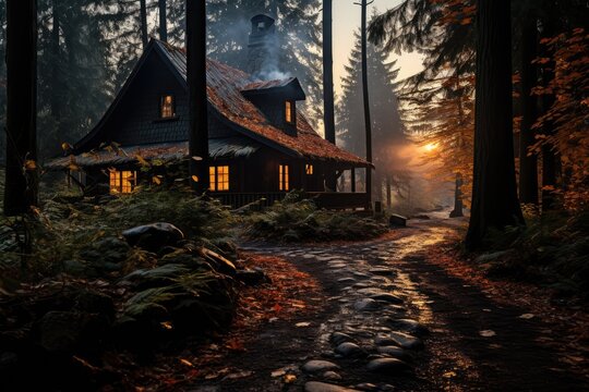 Forest path, covered in leaves, leading to a cabin with smoke coming out of the chimney - Fall Retreat - AI Generated