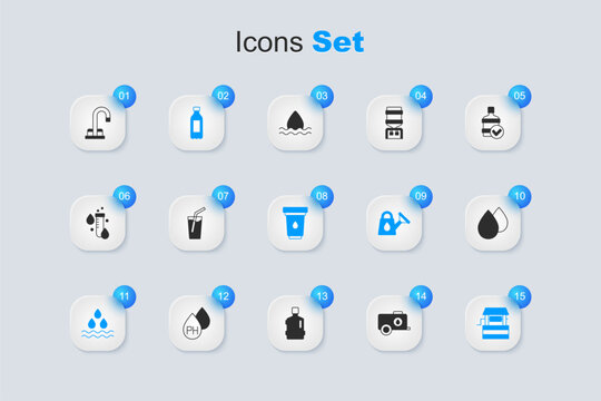 Set Mobile water tank, Glass with, Bottle of, Water drop, Well, tap and filter cartridge icon. Vector
