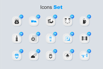 Set Heart with clover trefoil leaf, Golden leprechaun coin, Leprechaun boot, Trumpet, Accordion, Pot of gold coins and Glass beer icon. Vector