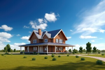 Country house front view with lawn and blue sky background