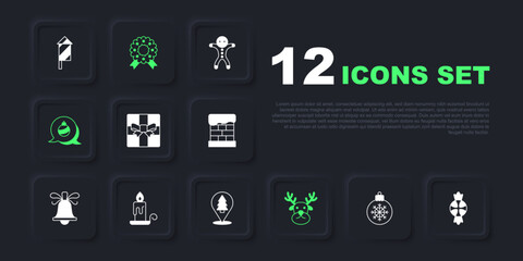 Set Christmas ball, Candy, Gift box, Reindeer, Burning candle, wreath and tree icon. Vector