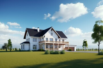 Country house front view with lawn and blue sky background