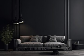 Dark living room in modern style with sofa lamp and plant