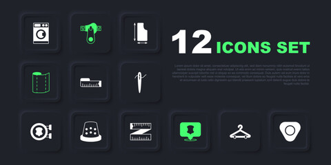 Set Hanger wardrobe, Sewing chalk, Tape measure, Leather, Textile fabric roll, Thimble for sewing, Zipper and icon. Vector