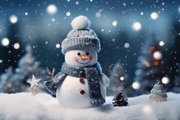 Happy Snowman as a symbol of Christmas and New Year holidays in the beautiful light of evening lights. Background