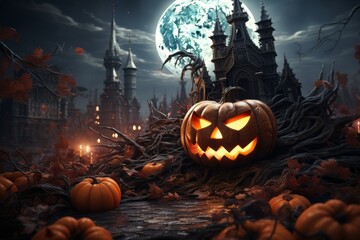 Pumpkins on a gloomy gothic background. Halloween concept. Background with selective focus and copy space