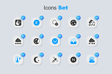 Set Compass north, Moon phases, west, Thermometer, Rainbow with cloud, Cloud and lightning, Water drop percentage and icon. Vector