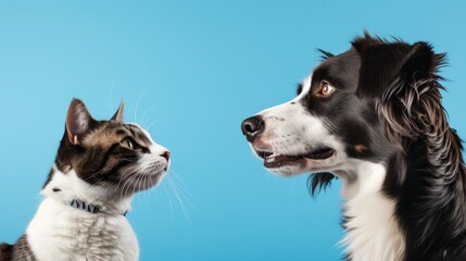 Tabby cat and border collie dog in front of a blue gradient background