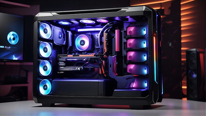 concept design of gaming workstation station custom pc computer build with glass windows and RGB rainbow led	