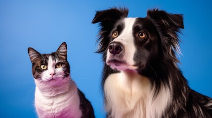 Tabby cat and border collie dog in front of a blue gradient background