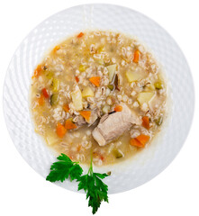 Popular dish of Russian cuisine is pickle soup with meat, cooked on basis of pickled cucumbers and...