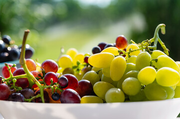 Ripe and juicy bunches of white and red grapes on a white dish.