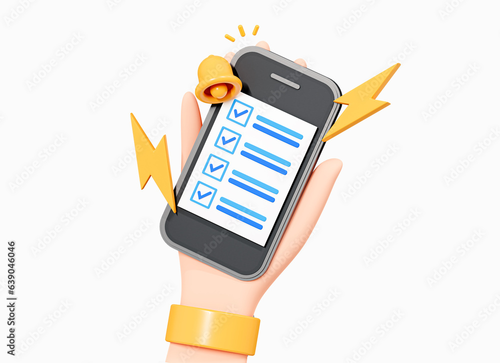 Poster 3d hand holding phone with to do list. task management concept. checklist app on smartphone. busines
