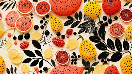  a bunch of fruit that are on a table together with leaves and berries.  generative ai