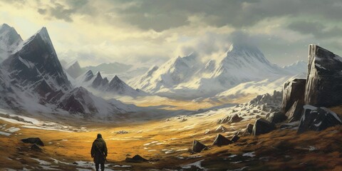 A journey of a lonely man through mountain landscape in the snow mountain.