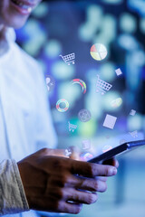 Close up shot of internet user browsing through phone apps on smartphone, doing online shopping, checking social media, solving work related business tasks, checking financial banking applications