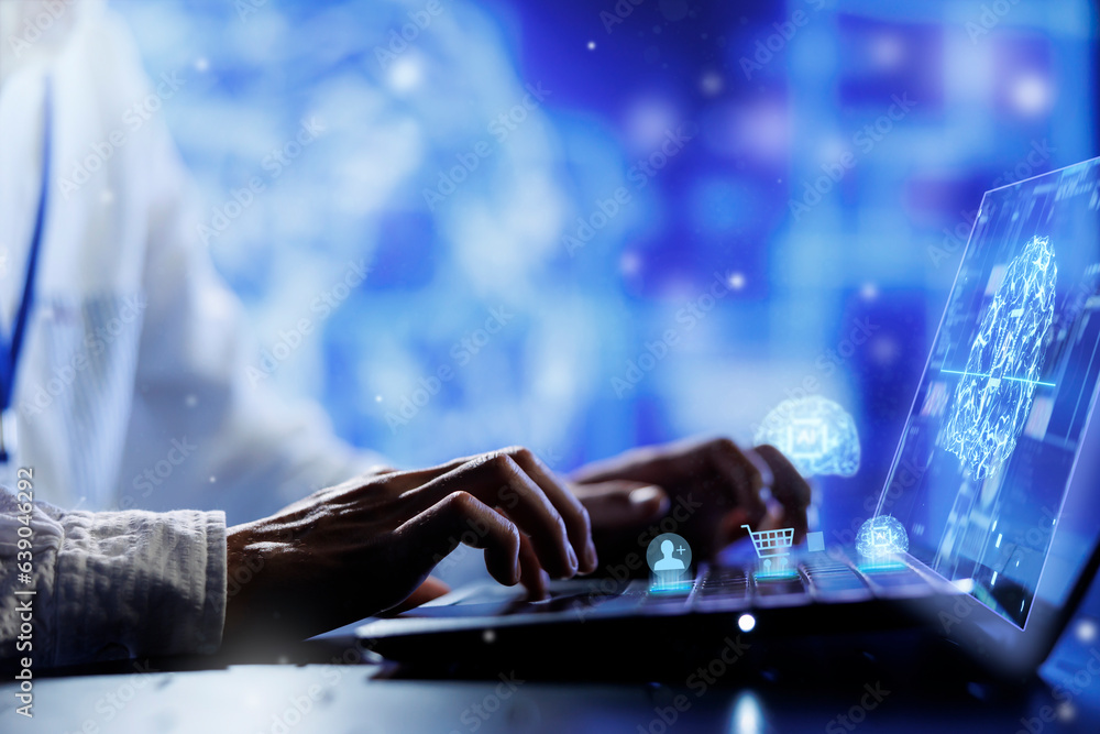 Poster employee using ai system ingesting large amounts of machine learning labeled training data, analyzin