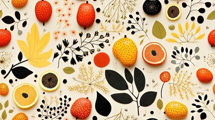  a pattern of oranges, lemons, and leaves on a white background.  generative ai