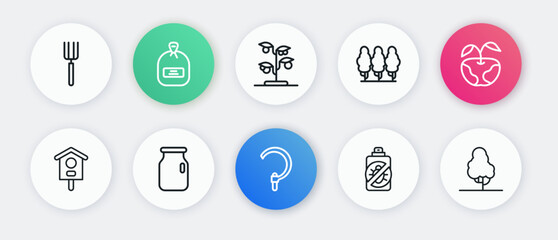 Set line Sickle, Apple, Bird house, Spray against insects, Fruit trees, Sprout, and Glass jar with screw-cap icon. Vector