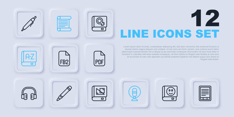 Set line Book, E-Book reader, FB2 File, Microphone, Translator book, Pencil with eraser, Decree, parchment, scroll and about geometry icon. Vector