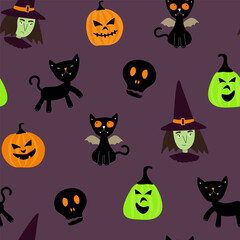 Seamless pattern with witches, pumpkins, black cats, skull. Vector graphics for Halloween.